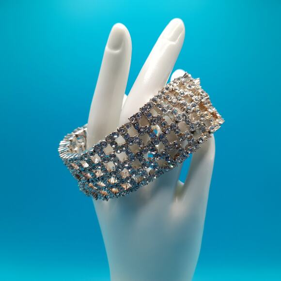 Vintage Monet Stretch Bracelet, Clear Rhinestones, Wide Bracelet - Picture 7 of 9